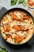 Marry Me Salmon fillets simmering in a creamy, sun-dried tomato sauce inside a skillet, garnished with basil and Parmesan.