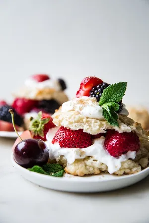 Mixed berry short cake with whipped cream on a plate