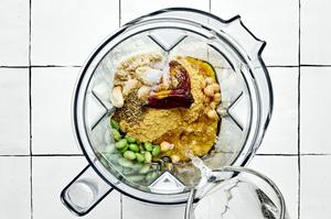 almond flour, garbanzo beans, edamame, nutritional yeast, olive oil, lemon juice, chipotle peppers & spices in a blender