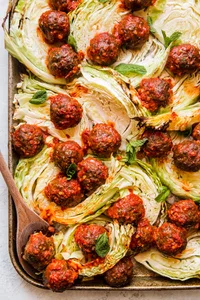 Sheet Pan Harissa Meatballs with Cabbage