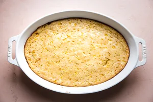fresh baked spoon bread in a casserole dish