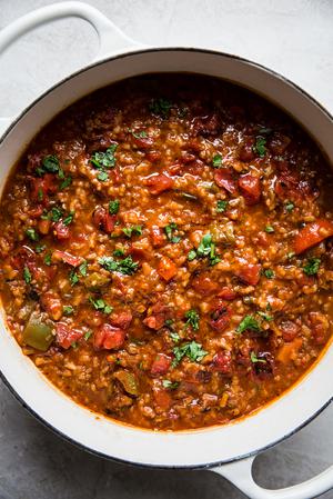 stuffed pepper soup with tomatoes, rice, bell peppers, brown sugar, onion, taco seasoning.