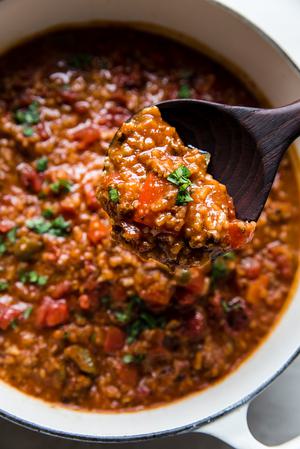 stuffed pepper soup with tomatoes, rice, bell peppers, brown sugar, onion, taco seasoning.