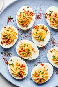 a plate of homemade deviled eggs sprinkled with paprika and chives