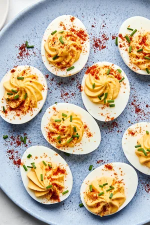 a plate of homemade deviled eggs sprinkled with paprika and chives