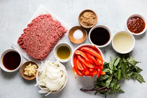 ingredients for thai basil beef in small bowls