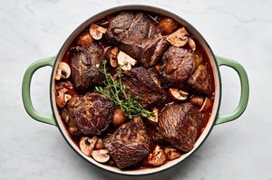 Wine Braised Beef with Mushrooms in a large pot, the perfect cozy, hearty dinner for cold weather