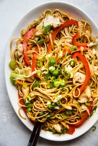 homemade chicken chow mein with carrots, cabbage, celery and green onion on a plate