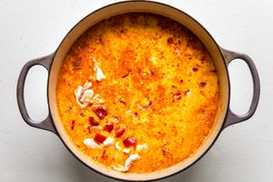 coconut curry soup with chicken, peppers and chickpea