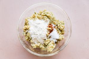 Chickpeas, onion, garlic, parsley, cilantro, cayenne, cumin, salt, baking powder and flour in a large bowl