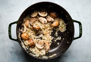 diced onions, sliced mushrooms and minced garlic sautéed in olive oil in a pot