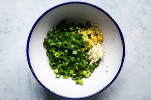green onions, Ginger, minced, Garlic, soy sauce, rice vinegar, fish sauce, vegetable oil in a small bowl
