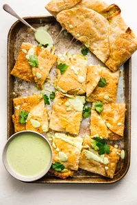cheese and avocado sheet pan quesadilla with jalapeño ranch