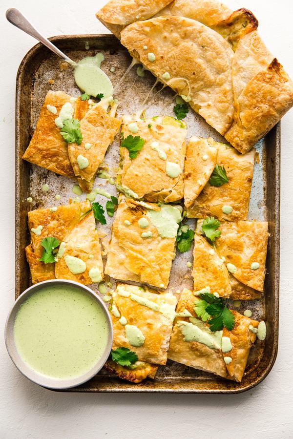 cheese and avocado sheet pan quesadilla with jalapeño ranch