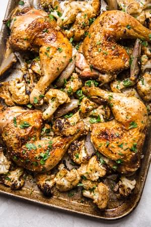 Za'atar chicken sheet pan dinner with roasted cauliflower