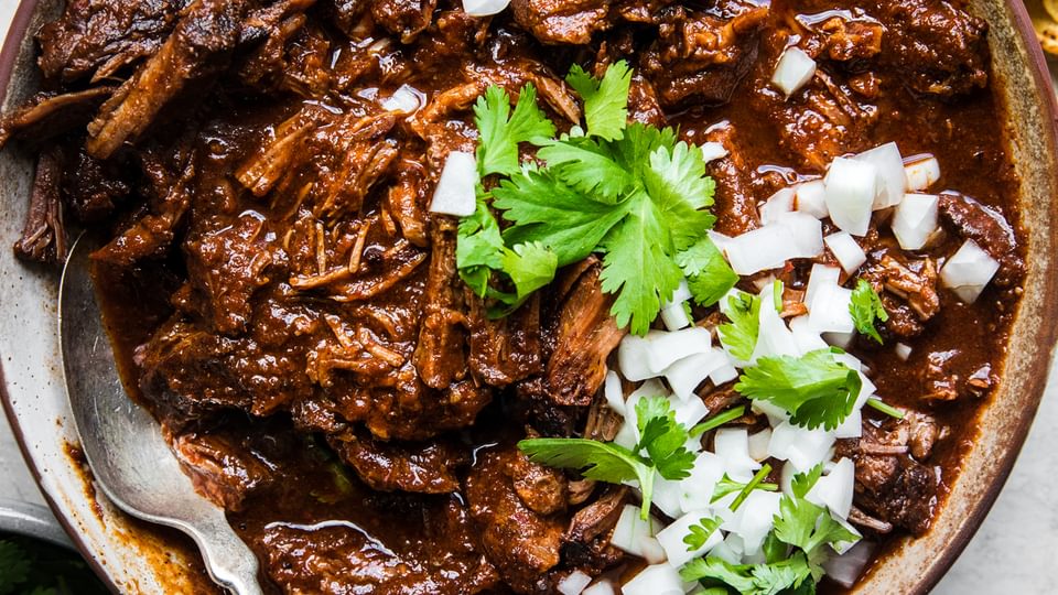 a bowl of homemade shredded beef birria topped with chopped onion and cilantro next to tortillas for serving