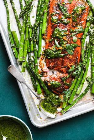 Blackened Salmon Sheet Pan Dinner with asparagus and cilantro ginger sauce