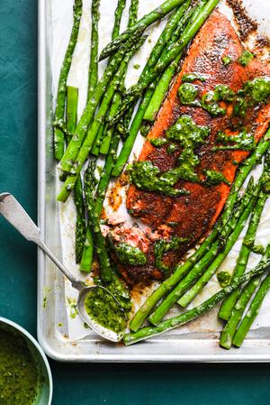Blackened Salmon Sheet Pan Dinner with asparagus and cilantro ginger sauce