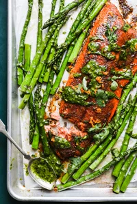 Blackened Salmon Sheet Pan with Asparagus and Ginger Cilantro Sauce