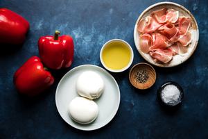 red peppers, olive oil, salt, pepper, prosciutto and burrata