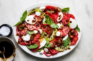 a simple caprese salad with sliced tomatoes, mozzarella and fresh basil drizzled with a homemade balsamic glaze