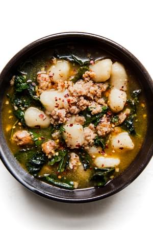 a bowl of cauliflower gnocchi Zuppa toscana