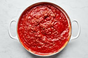 homemade meat sauce made with crushed tomatoes, ground beef, onion, garlic and spices