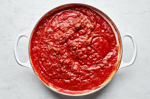 homemade meat sauce made with crushed tomatoes, ground beef, onion, garlic and spices