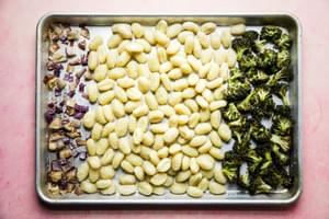 broccoli, gnocchi and red onion roasted on a sheet pan
