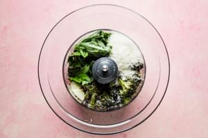 roasted broccoli, parmesan cheese and basil in a food processor for pesto