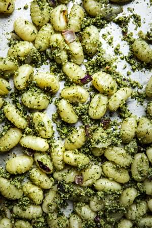 roasted broccoli pesto on a sheet pan