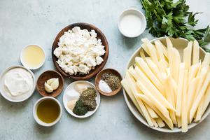homemade Greek Fries ingredients, potatoes, salt and pepper, feta, greek yogurt, parsley