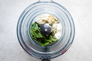basil, mayonnaise, sour cream, parsley, Onion powder
, Garlic powder
, Dried dill
, Salt, and basil in a food processor