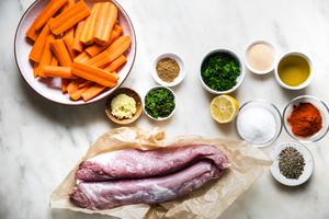 raw pork tenderloin, carrots, garlic, olive oil, cilantro, salt, paprika, pepper and lemon juice