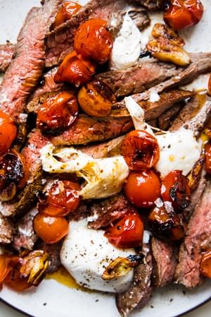 Grilled Skirt Steak with Blistered Tomatoes and burrata