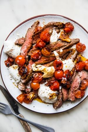 Grilled Skirt Steak with Blistered Tomatoes and burrata