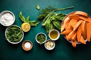 sweet potatoes, basil, lemon, fresh dill, garlic cloves and olive oil