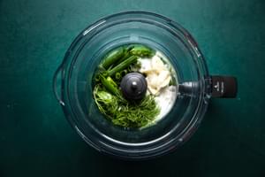 Plain Greek yogurt, Scallions, Fresh dill, Fresh garlic, Fresh, basil leaves, Lemon in food processor