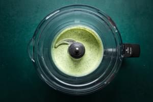 Plain Greek yogurt, Scallions, Fresh dill, Fresh garlic, Fresh, basil leaves, Lemon blended together in a food processor