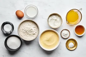 cornmeal, flour, baking powder, baking soda, salt, butter, sugar, honey, eggs, sour cream and milk in prep bowls