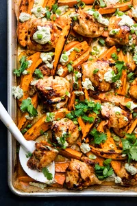 Chili-Honey Chicken & Sweet Potatoes w/ Cilantro Yogurt on a sheet pan