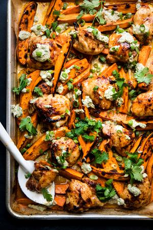 Chili-Honey Chicken & Sweet Potatoes w/ Cilantro Yogurt
