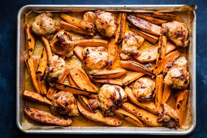 Chili-Honey Chicken & Sweet Potatoes baked on a sheet pan