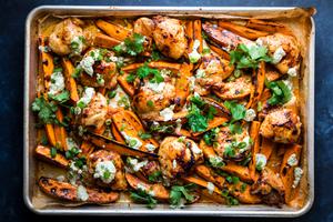 Chili-Honey Chicken & Sweet Potatoes w/ Cilantro Yogurt baked on a sheet pan