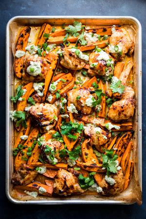 Chili-Honey Chicken & Sweet Potatoes sheet pan dinner w/ Cilantro Yogurt