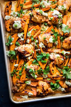 Chili-Honey Chicken & Sweet Potatoes sheet pan dinner w/ Cilantro Yogurt