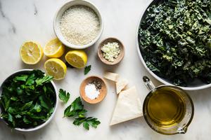 parsley, kale, olive oil, parmesan, garlic, lemon, salt and pepper
