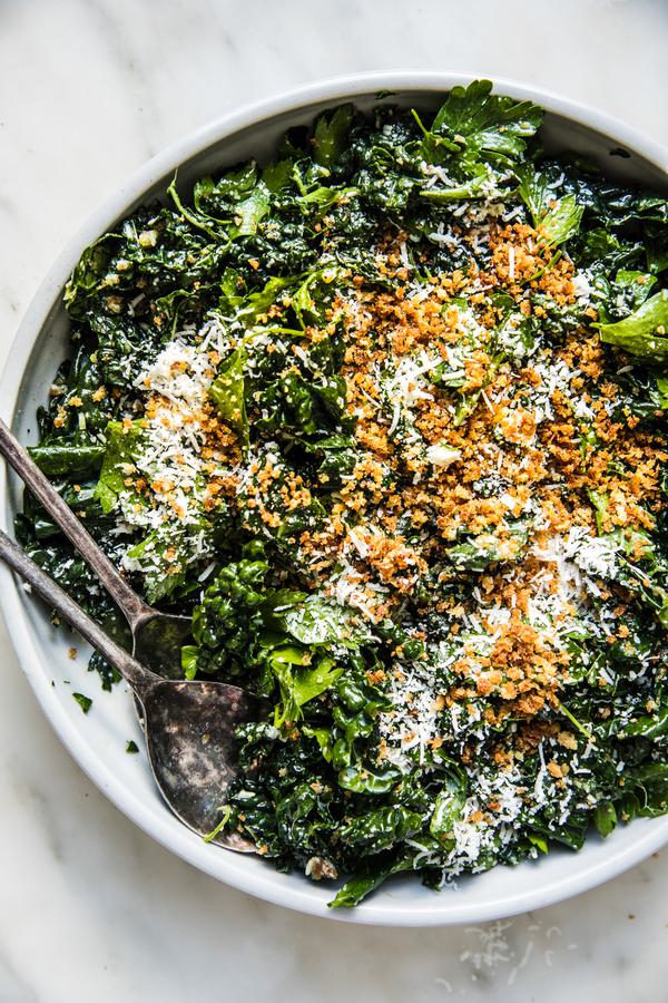 Kale Salad with Lemon Parmesan Dressing with crispy panko in a bowl