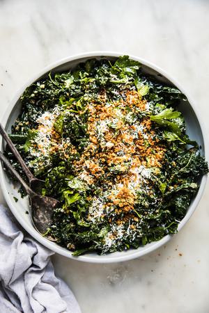 Kale Salad with Lemon Parmesan Dressing, parsley and panko