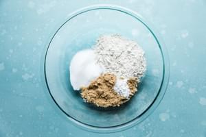 sugar, brown sugar, flour, salt and baking powder in a bowl for olive oil cake